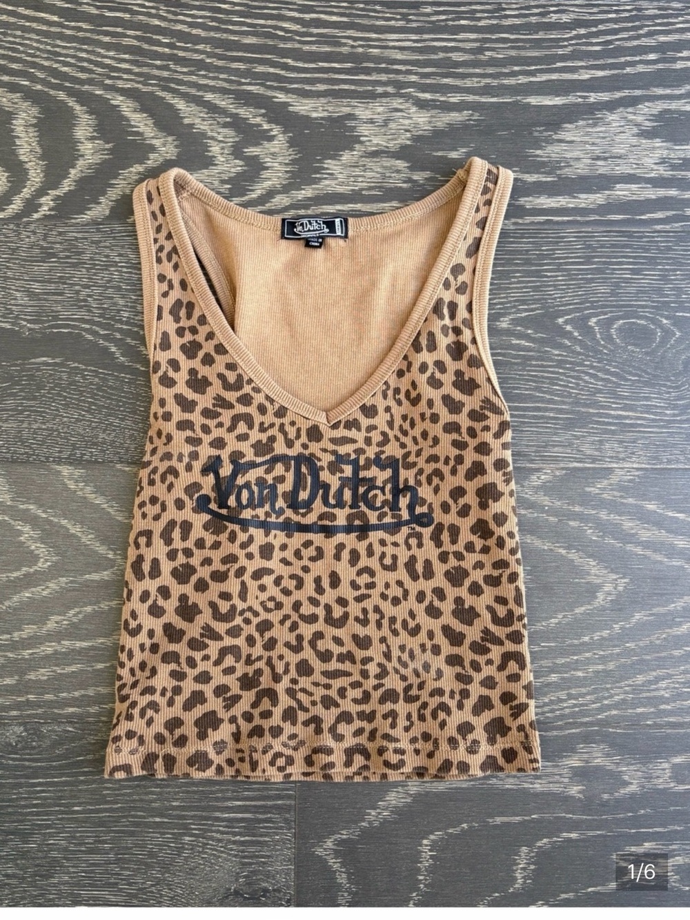 Von Dutch Leopard Ribbed V-Neck Tank Top in Tan and Brown